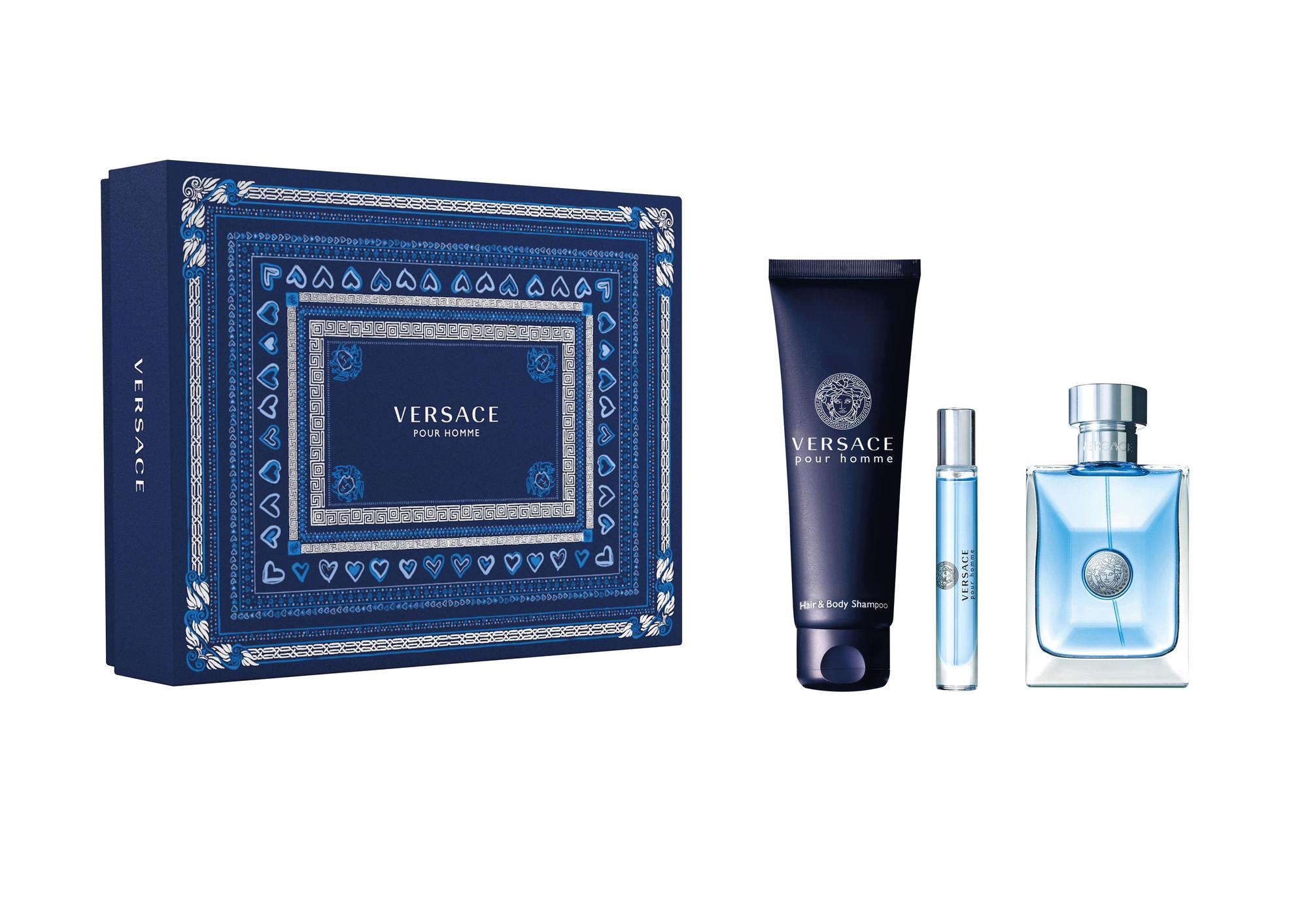 VERSACE「經典男性淡香水靛藍限量香氛禮盒」,以深邃沉穩的深藍色為主打色,配上十足設計感圖騰,售價NT$3,050。