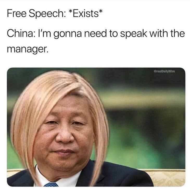 凱倫成了網路流行梗圖，這張圖給習近平也戴上了凱倫頭，在聽到「言論自由存在」之後，他接著就說「我要跟你們經理說話」。（網路截圖：twitter）