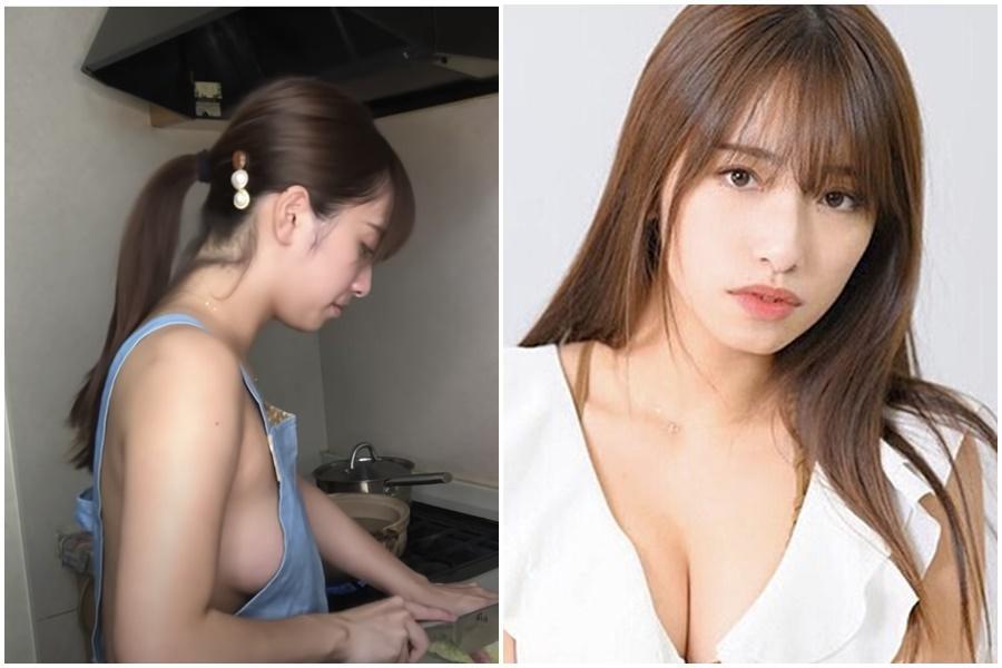 日本寫真女星高梨瑞樹挑戰只穿圍裙做菜。（翻攝自高梨瑞樹YouTube頻道）