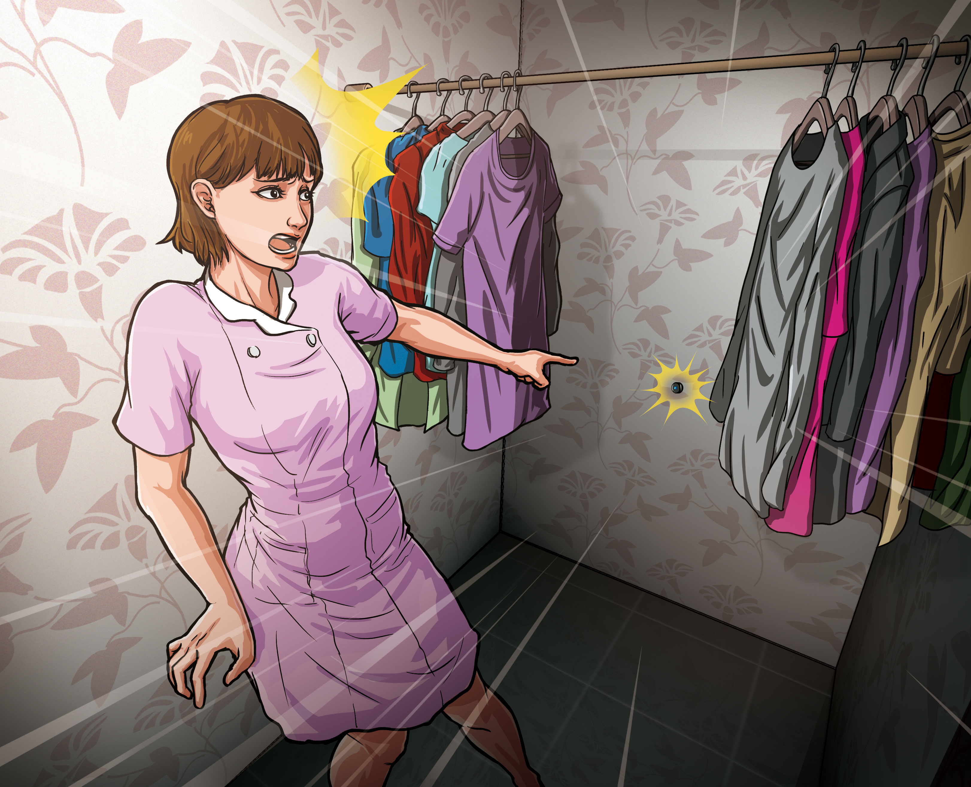 一名女助理更衣時，發現牆壁上有針孔攝影機，嚇得驚聲尖叫。