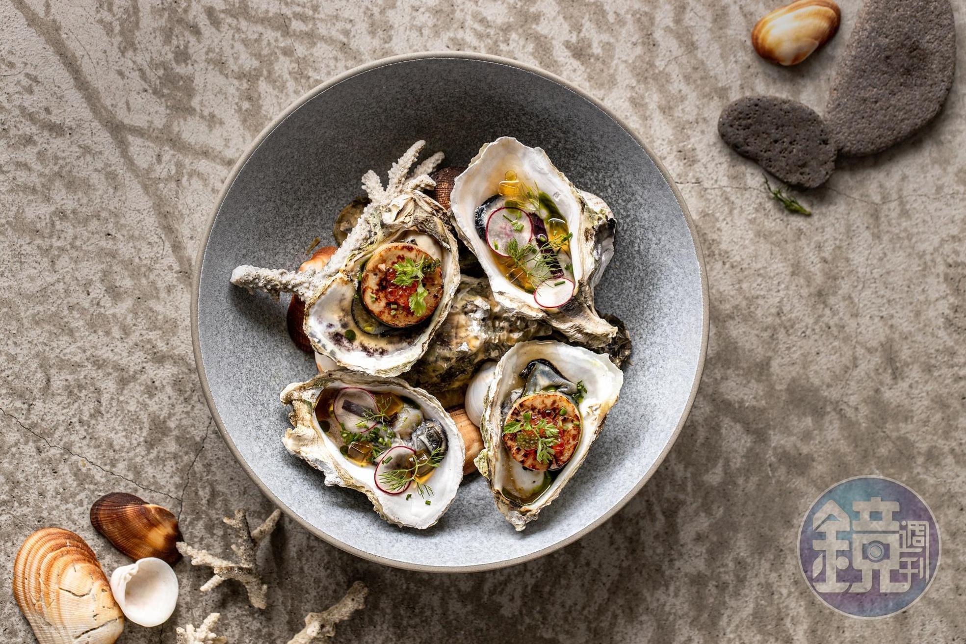 夏季的新菜「講美牡蠣」,用兩種不同的作法襯出牡蠣美味。(350元/份)