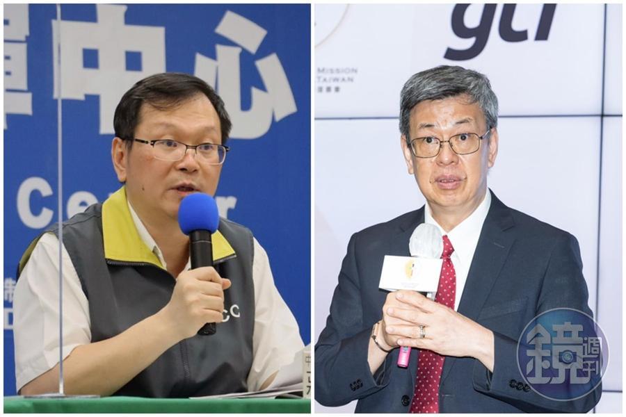 對於前副總統陳建仁(右)日前表示,家戶準備3個月的口罩量是可行的。中央疫情指揮中心發言人莊人祥(左)今天則說,保證口罩到年底之前夠用。(中央流行疫情指揮中心提供/本刊資料照)