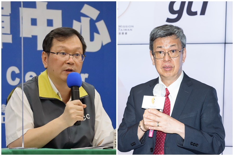 對於前副總統陳建仁（右）日前表示，家戶準備3個月的口罩量是可行的。中央疫情指揮中心發言人莊人祥（左）今天則說，保證口罩到年底之前夠用。（中央流行疫情指揮中心提供／本刊資料照）