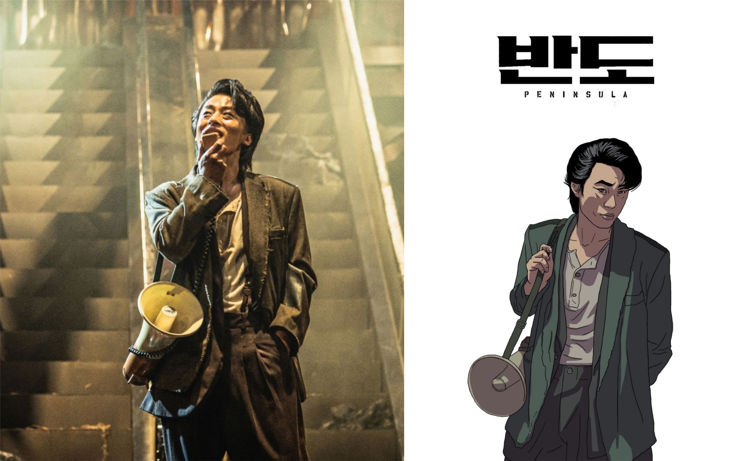 具敎煥(左圖)在片中飾演「徐大尉」人氣暴漲,導演延尚昊公開他的手繪畫後順便揭曉了該角色的全名。(車庫娛樂提供)