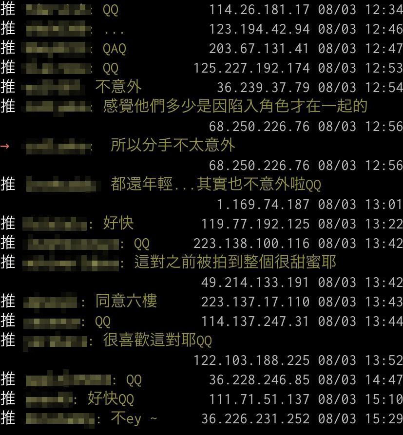 網友對兩人分手的討論和反應。(翻攝自PTT Koreastar版)