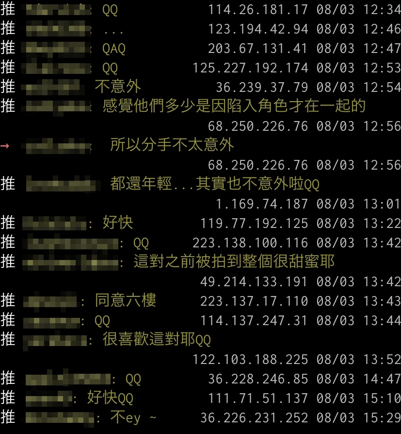 網友對兩人分手的討論和反應。(翻攝自PTT Koreastar版)