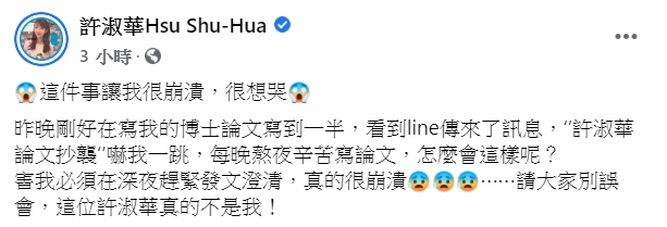 國民黨南投縣立委許淑華碩士論文涉抄襲,讓同名同姓的民進黨台北市議員許淑華也受波及。(翻攝自許淑華臉書)