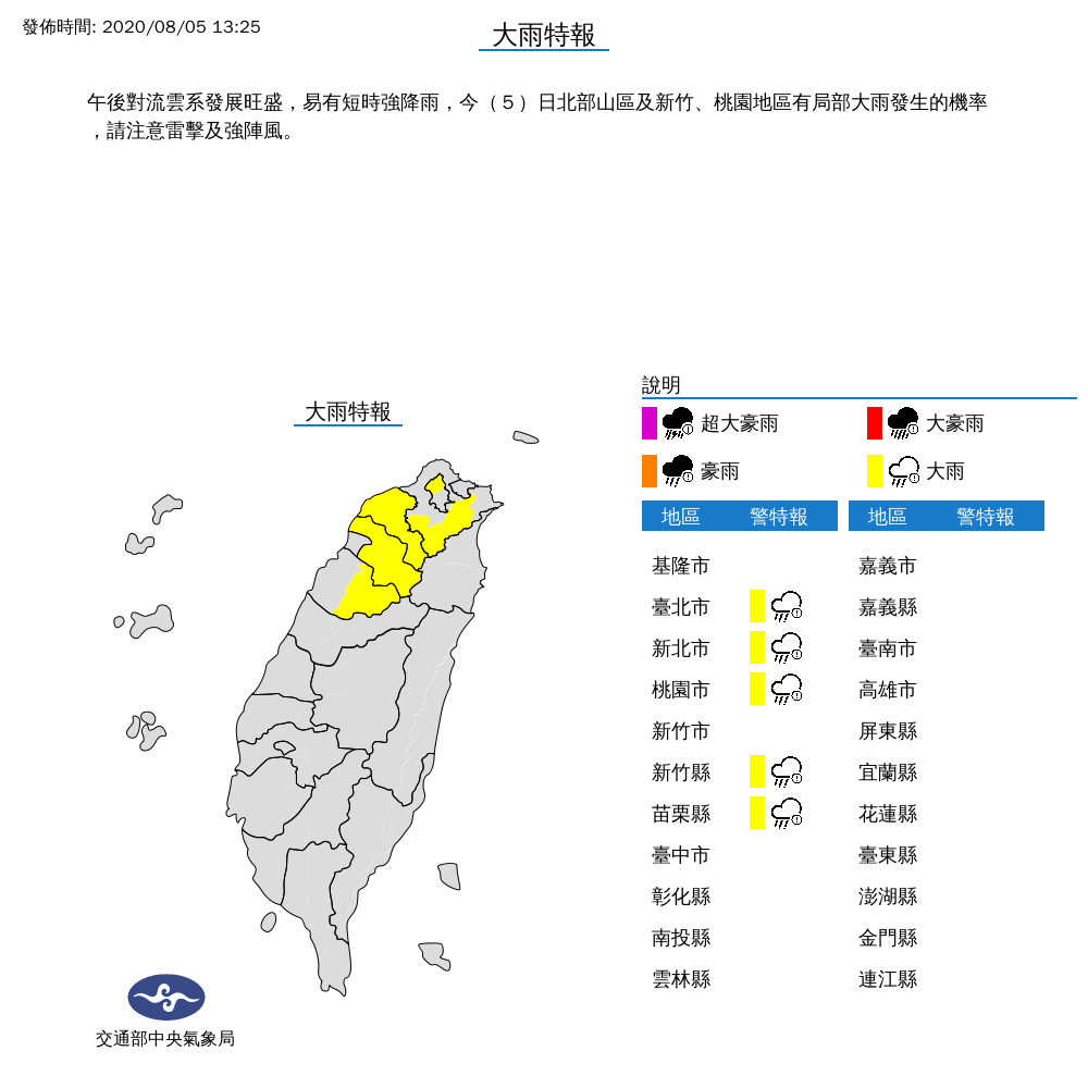 氣象局也針對全台5縣市發布大雨特報，包含台北市、新北市、桃園市、新竹縣及苗栗縣。（翻攝自中央氣象局）