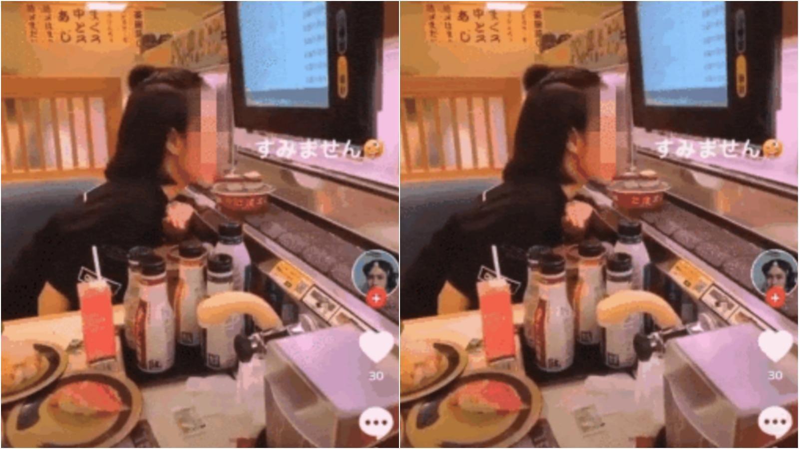 引起風波的舔壽司女性,是在日本就學的越南見習生。(翻攝《Zing News》)