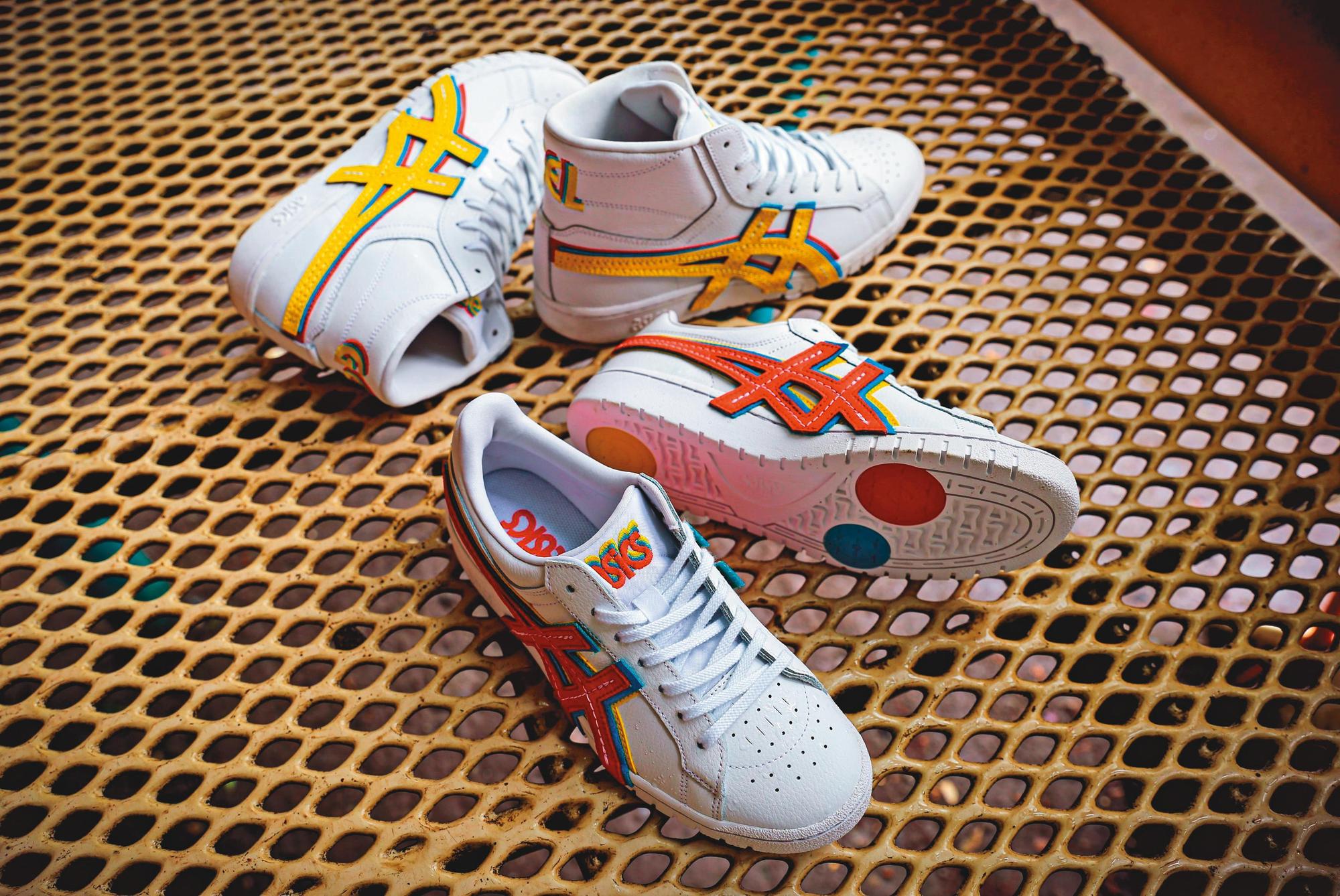 ASICS SportStyle運動休閒系列GEL-PTG 3 STRAND，以大Logo虎爪搭配繽紛撞色。高筒（上）NT$3,880、低筒（下）NT$3,580。（ASICS提供）
