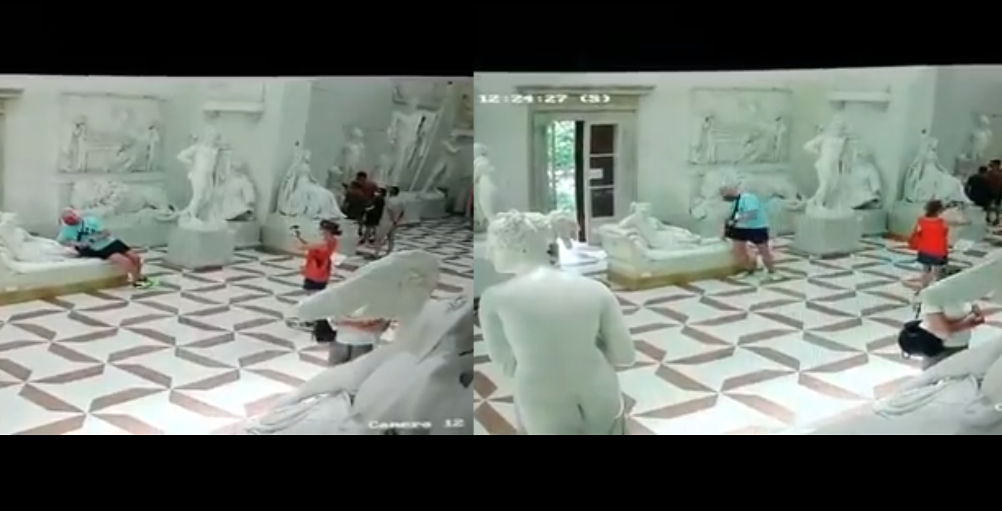 奧地利籍遊客坐壞義大利博物館的藝術品,居然裝傻落跑。(翻攝Vittorio Sgarbi臉書)