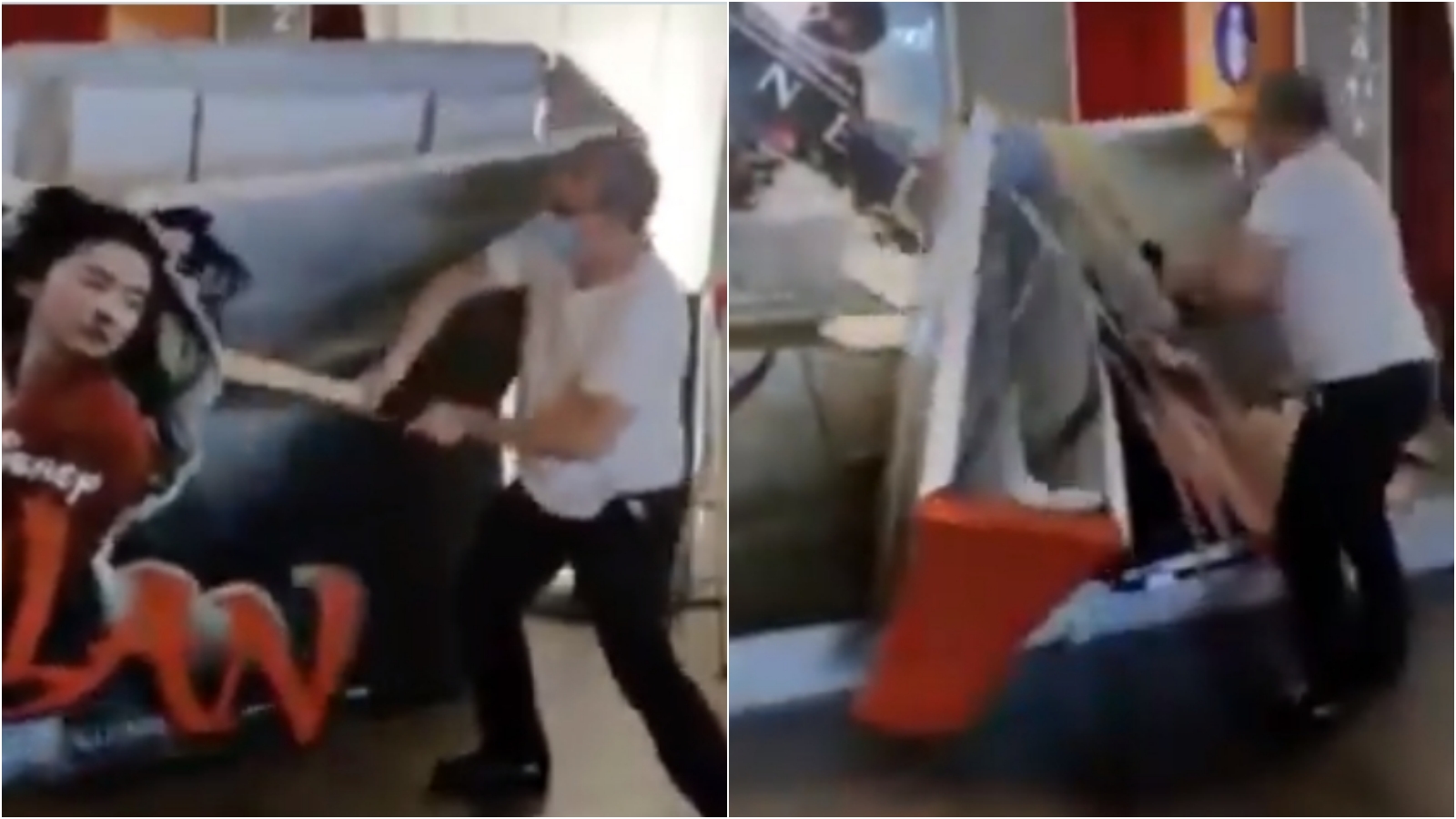 《花木蘭》最終決定在歐美地區不在電影院上映，讓影城老闆氣得砸爛宣傳立牌。（翻攝自推特）