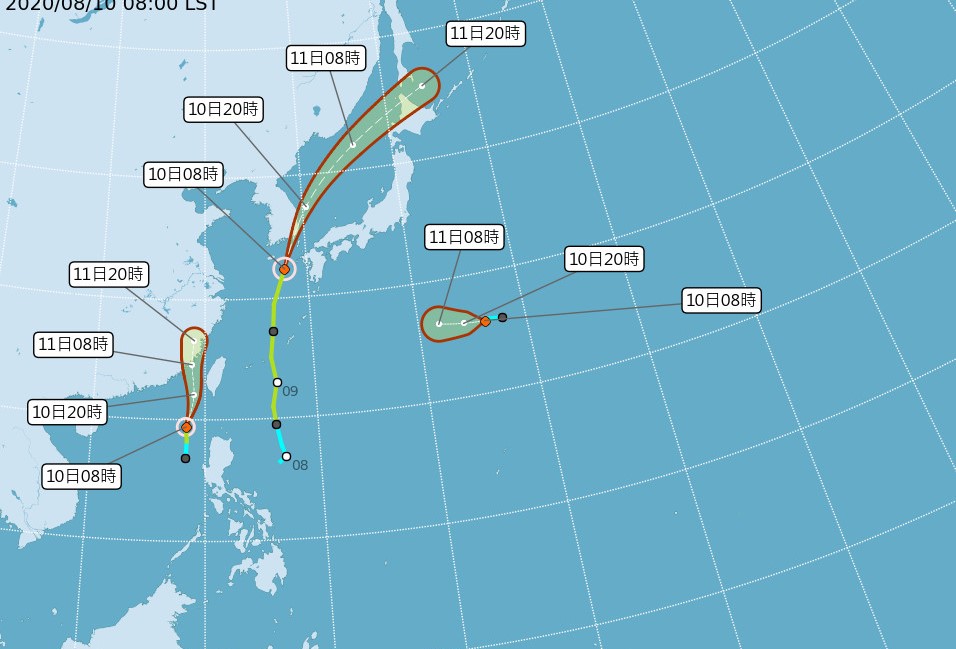 目前日本東南方海面上熱帶低壓TD08持續發展，有機會形成颱風，將會是今年第7號颱風「無花果」。（翻攝自氣象局）