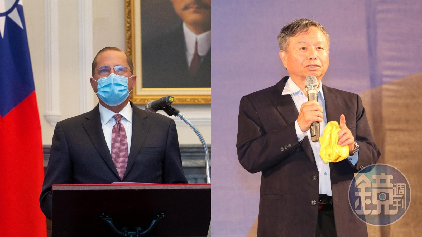 美國衛生部長阿札爾(左)率團訪台,前衛生署長楊志良(右)寫公開信給他指「川普是瘋子」。(左:中央社提供/右:資料照,陳毅偉攝)