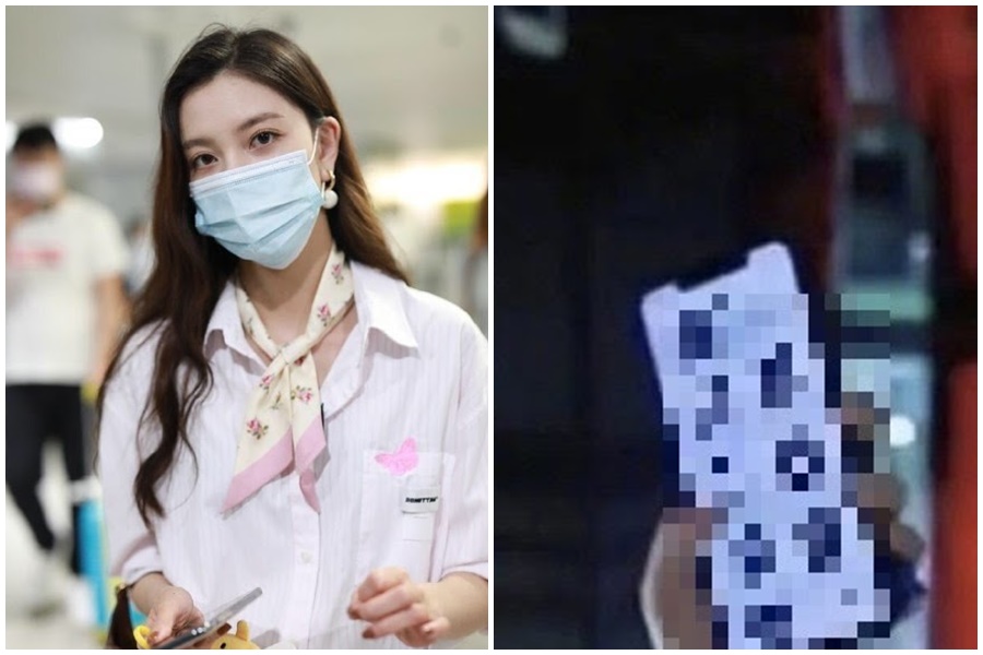 宋妍霏（左）遭張一山劈腿宣布分手後現身機場，助理的手機螢幕被網友拍到寫著「願天下渣男都去死」8個大字。（翻攝自新浪娛樂微博）