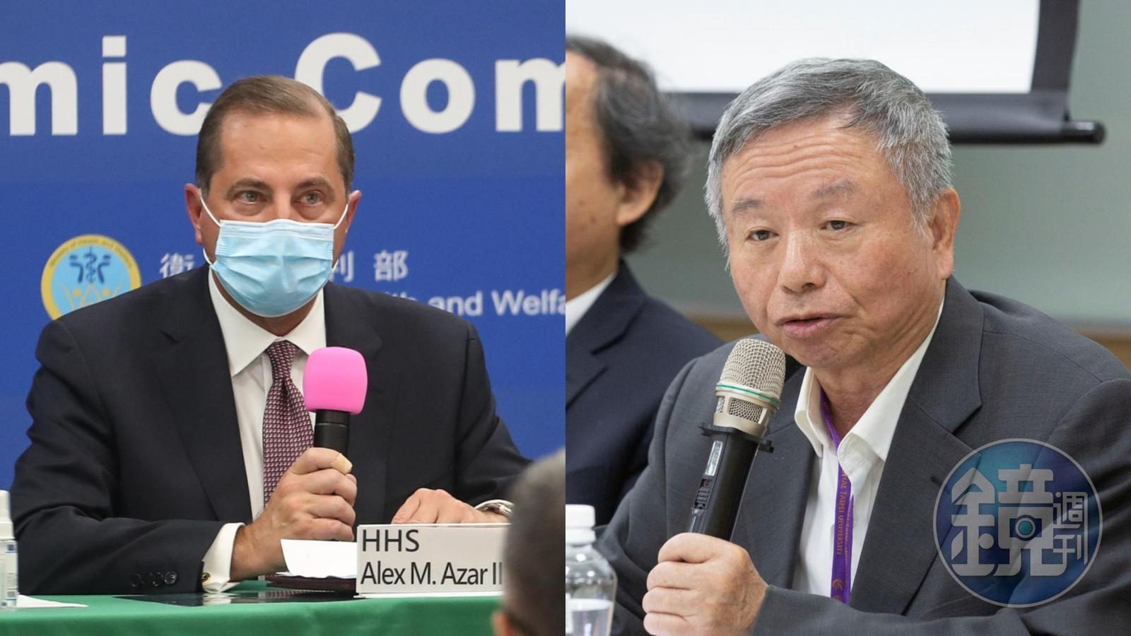 美國衛生部長阿札爾(左)率團訪台,前衛生署長楊志良(右)寫公開信呼籲他立刻辭職。(左:中央社提供/右:資料照)