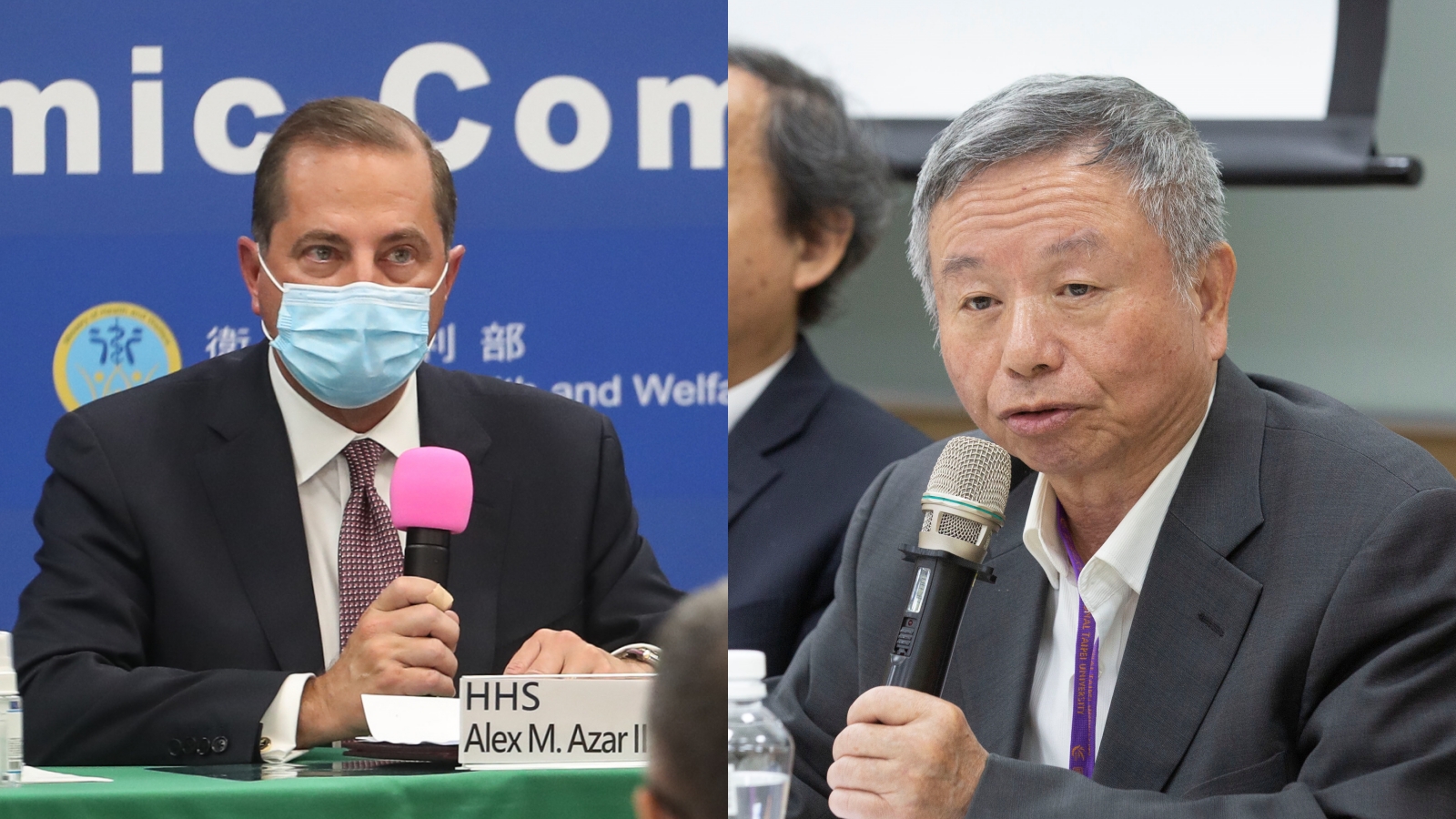 美國衛生部長阿札爾（左）率團訪台，前衛生署長楊志良（右）寫公開信呼籲他立刻辭職。（左：中央社提供／右：資料照）