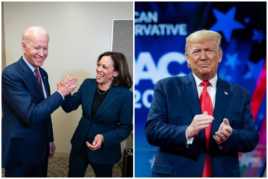 對於拜登(左圖左)挑選賀錦麗當副手(左圖右),川普表示他很意外,並批評她「惹人厭」。(翻攝自Joe Biden推特/Donald J. Trump臉書)