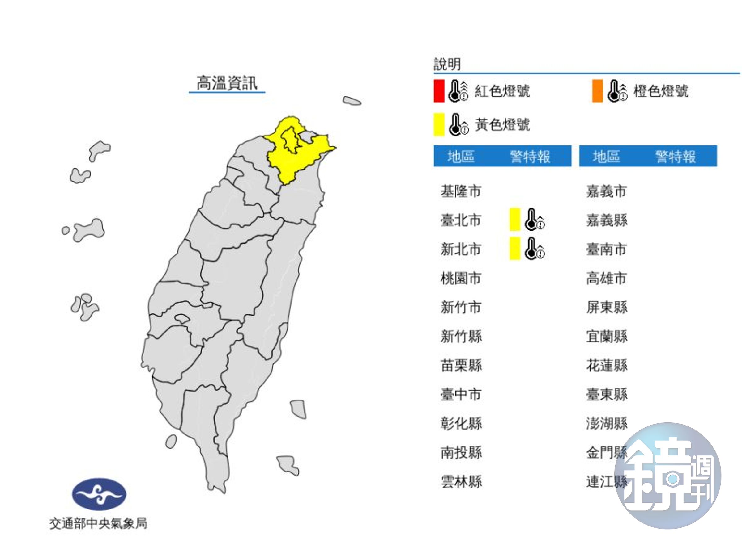 氣象局針對雙北地區發布高溫警報。（翻攝自中央氣象局）