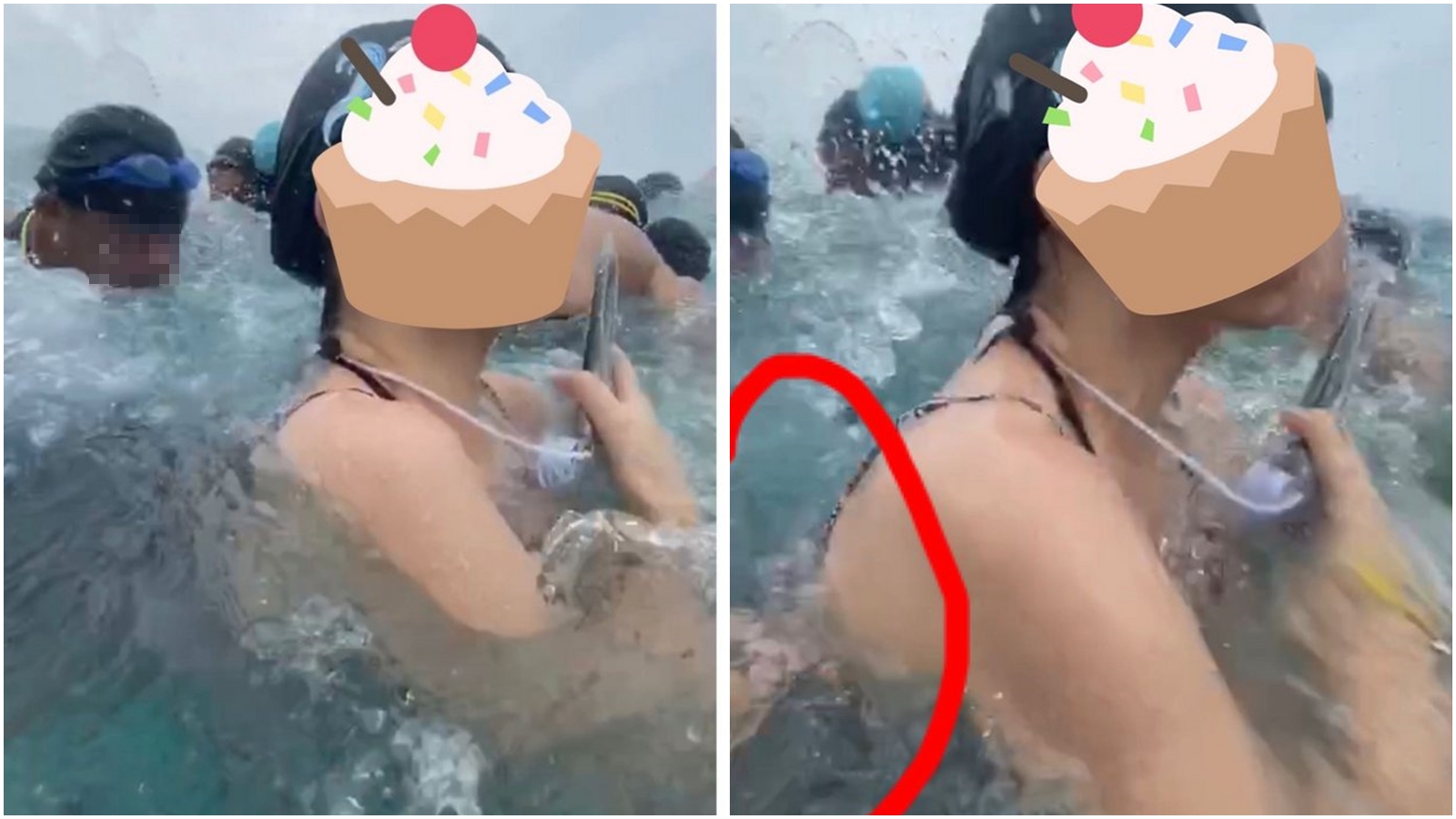 從女網友曝光的影片中，只見一名男子在浪拍打時疑似伸出鹹豬手。（翻攝自Dcard）