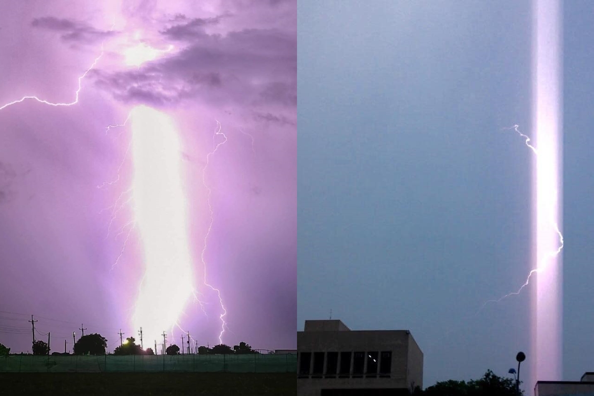 雲林昨日降下一道「紫金神雷」，引發當地居民熱烈討論。（翻攝自臉書社團「西螺囝仔（Xiluo）」、彭啟明臉書）