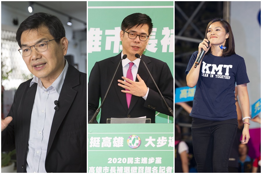 黃暐瀚預測，高雄市長補選結果會有「三不」。圖為高雄市長補選候選人吳益政（左起）、陳其邁及李眉蓁。