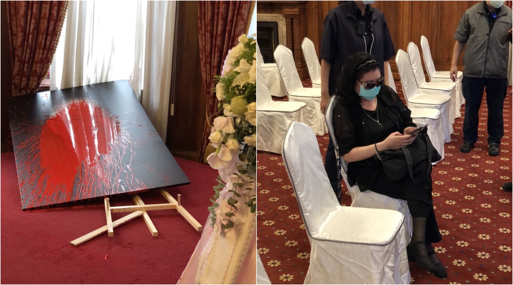 李前總統在台北賓館的追思會場竟遭潑漆。（翻攝畫面）