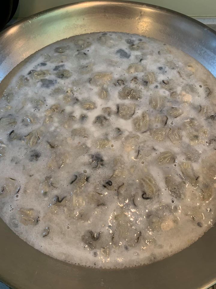 蚵仔從水中浮起，再等一下即可撈起。