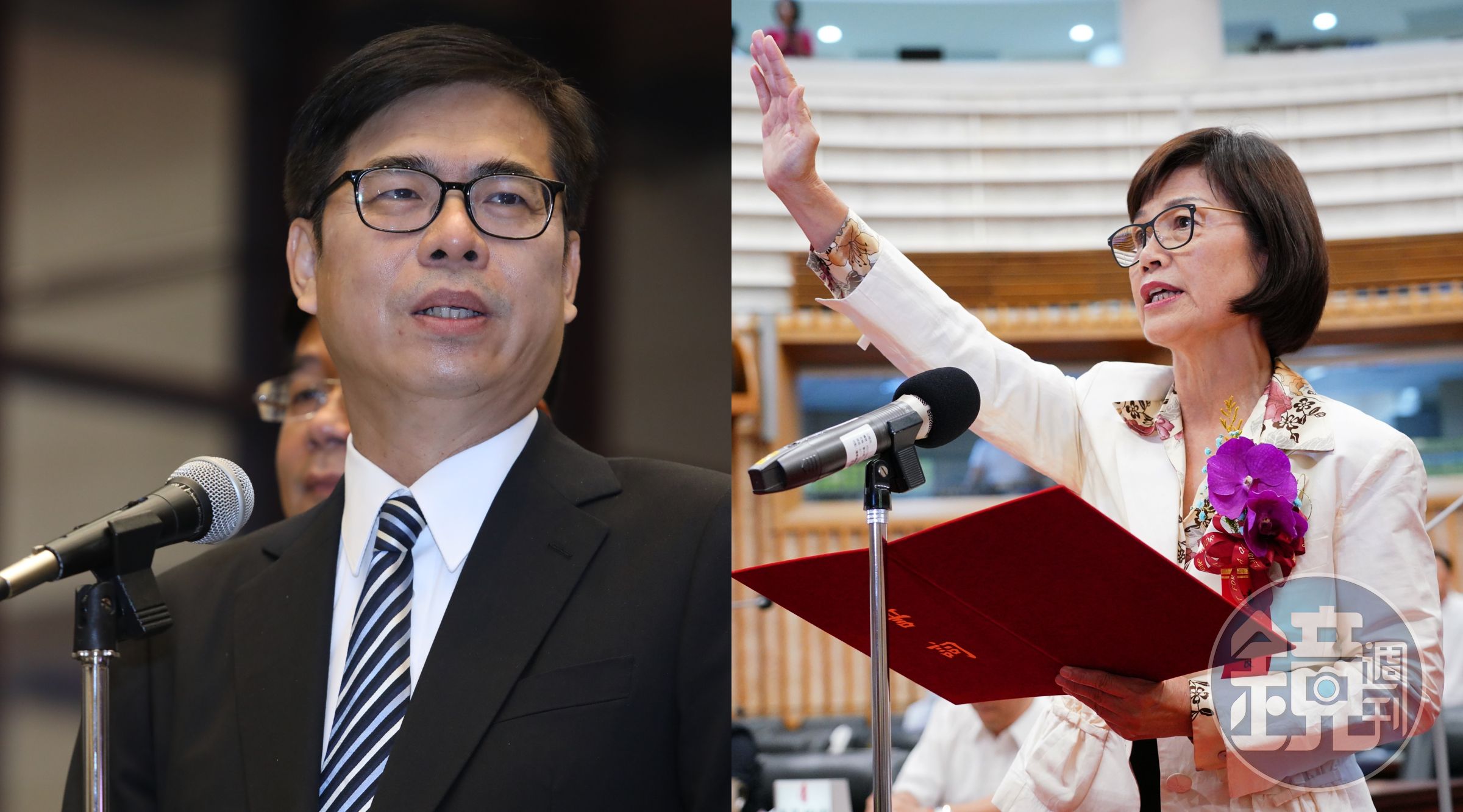 陳其邁（左）以67萬票當選高雄市長，議長曾麗燕（右）質疑民意代表性不足。（本刊資料照）