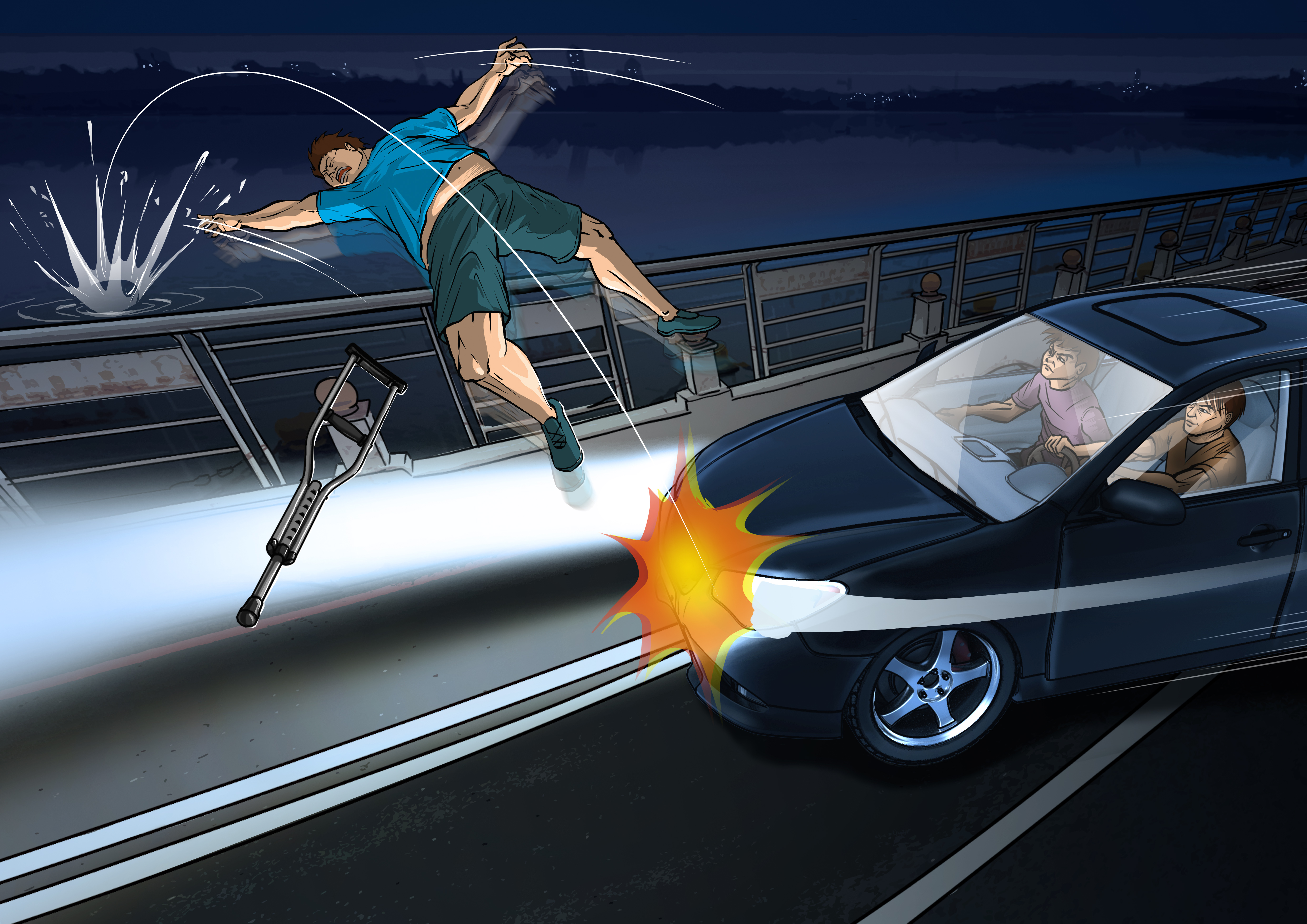 拄著拐杖的吳志德被撞後，彈飛越過了護欄，墜入澄清湖中身亡。（圖為示意畫面）