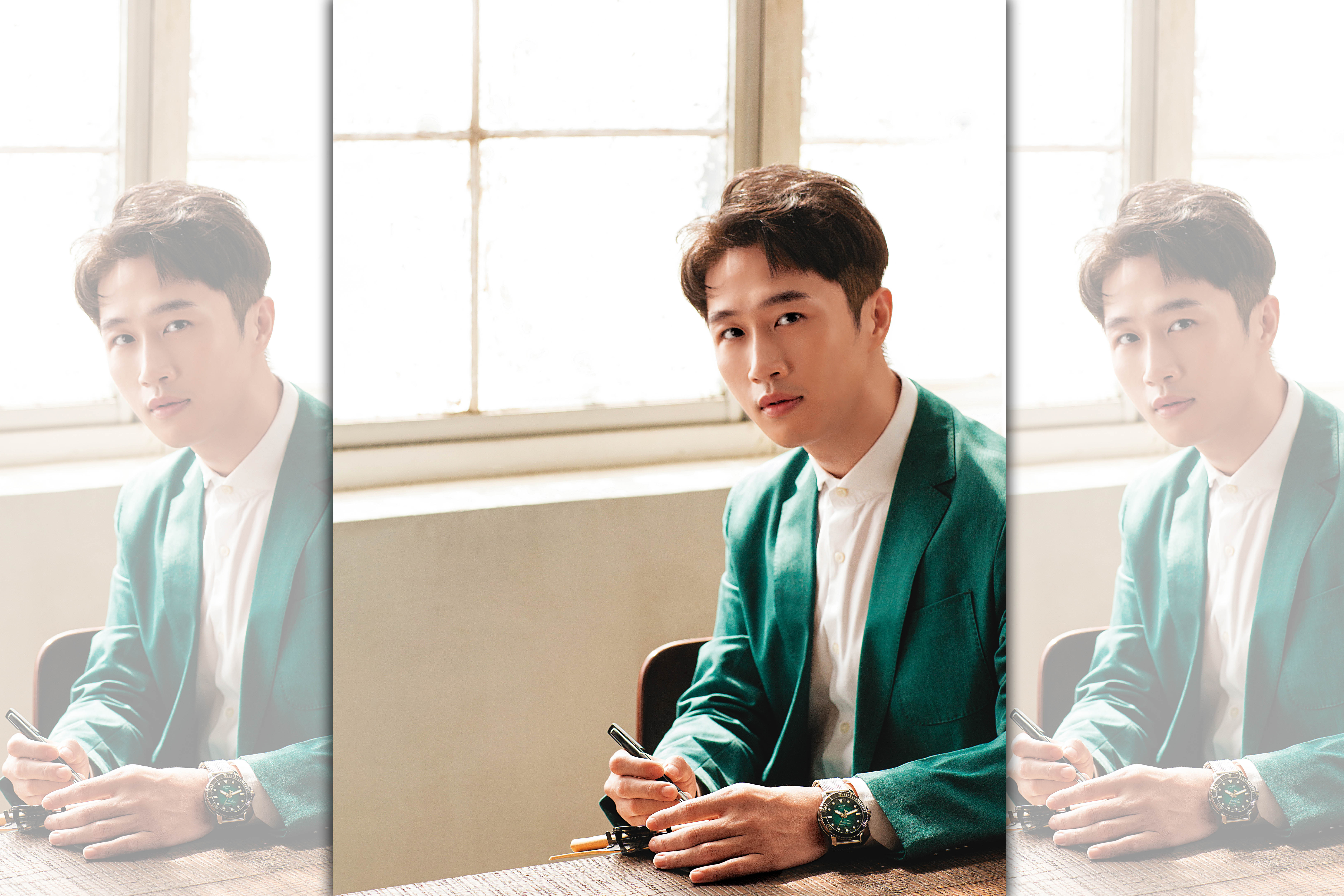 綠色西裝外套，價格店洽；白色襯衫，價格店洽。（BOSS）