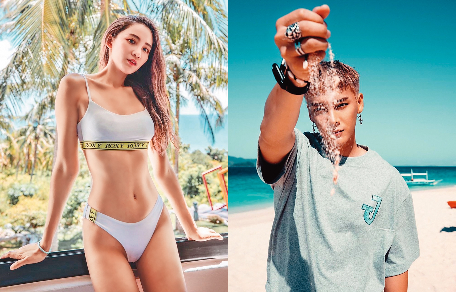 男團「泰坦TITAN」成員漢之（右圖）傳出不甩公司禁愛令，與當年韓星勝利來台時的陪玩小模鋇鋇（左圖）交往。（翻攝自鋇鋇IG、翻攝自漢之IG）