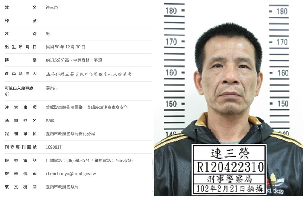 刑事局公布通緝犯連三榮身高、長相。（翻攝刑事局網站）