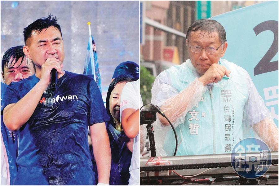 江啟臣(左圖)14日在選前之夜冒雨賣力替李眉蓁站台拉票,但開票結果仍跌破三成防線,引發黨內檢討聲浪四起;柯文哲(右圖)補選前1天冒雨陪吳益政車隊掃街,但是最後仍慘敗。
