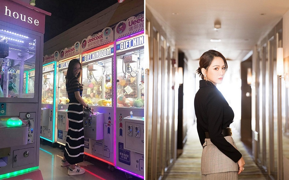 陳喬恩在夾娃娃店裡自拍（左圖），畫面營造屬被野生捕獲的概念。（翻攝自陳喬恩IG）