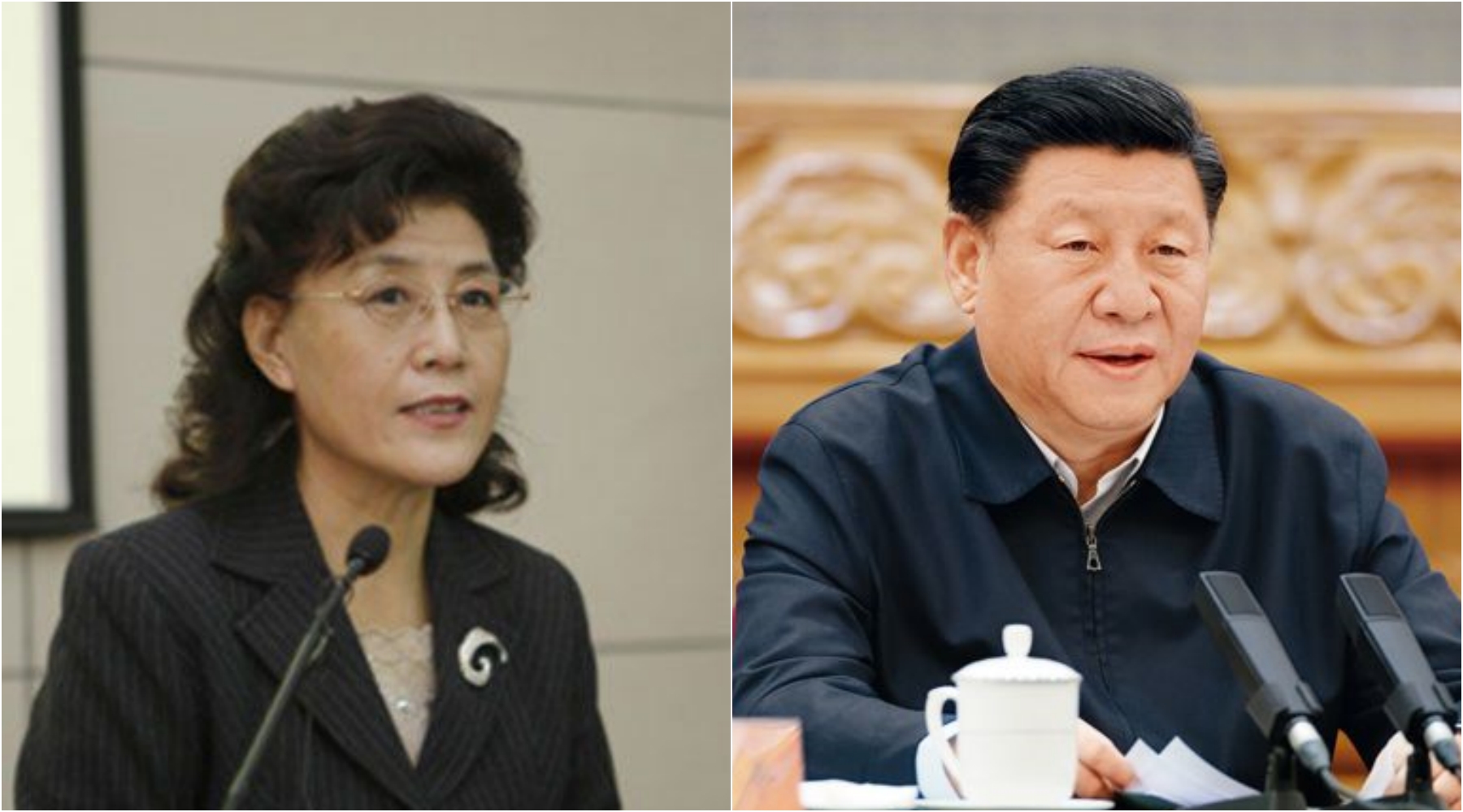 退休教授蔡霞（左）公開批評中共與習近平（右），遭開除黨籍。（翻攝推特／人民日報網站）