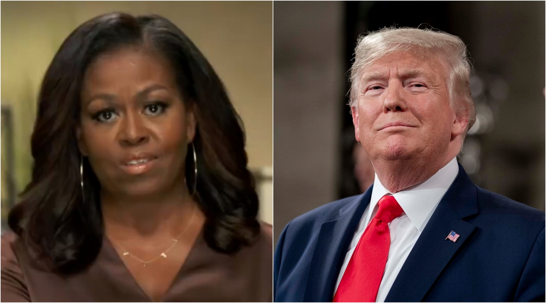 美國前第一夫人蜜雪兒歐巴馬（左）批現任總統川普（右）不適任，慘遭反譏。（翻攝自Michelle Obama推特／The White House臉書）