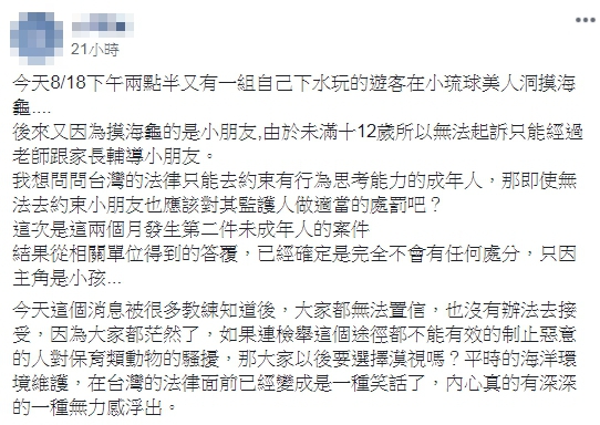 原PO不滿未成年人摸海龜「完全不會有任何處分」,網友也力挺應該處罰家長。(翻攝臉書)