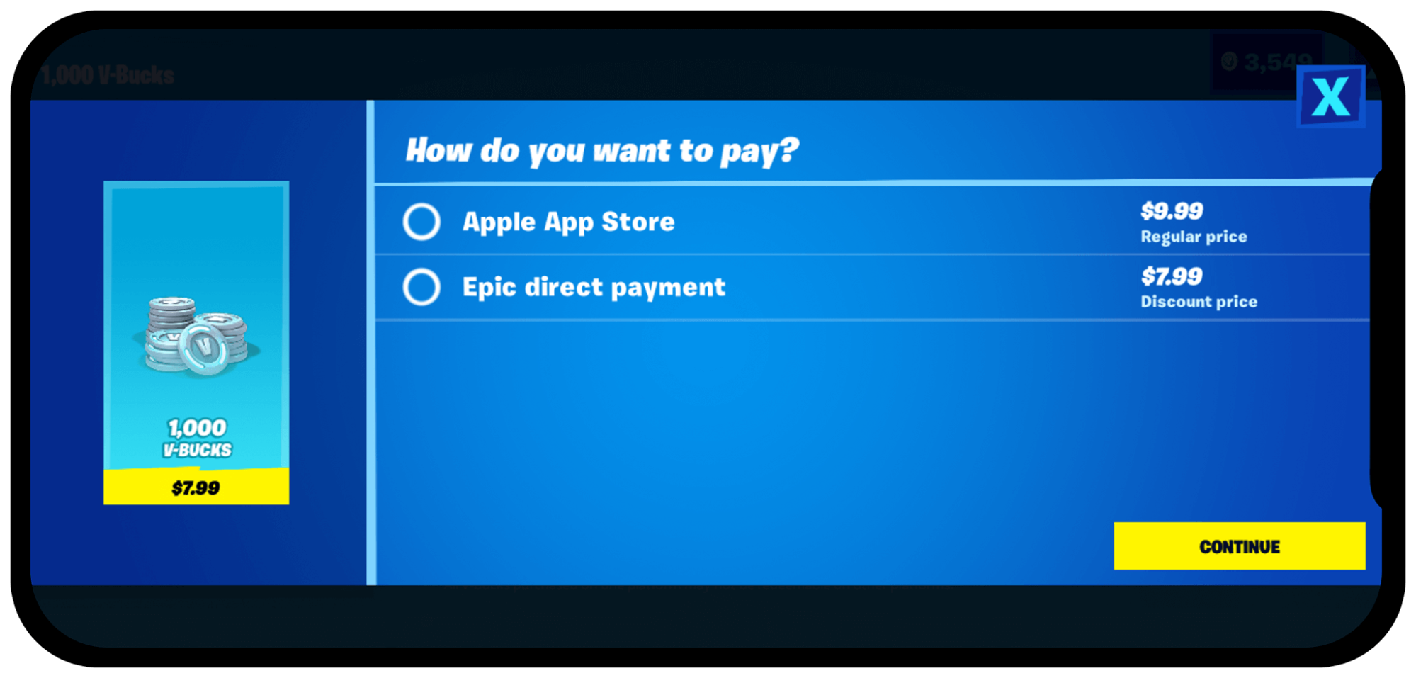 「Epic Direct Payment」不用經過蘋果的付費機制,因此能提供玩家更優惠的價格。(翻攝自Twitter)