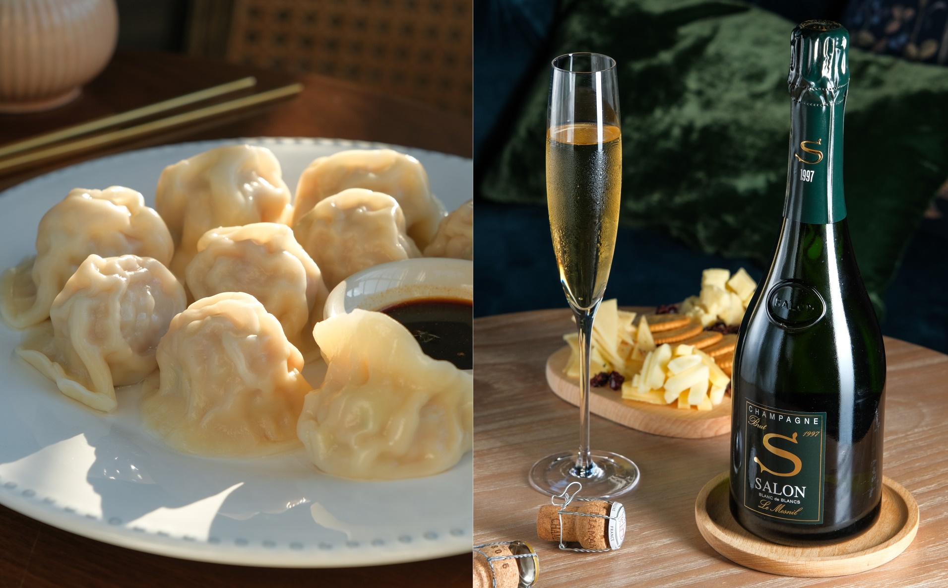 「沙龍白中白特級園香檳Salon Le Mesnil Blanc de Blancs 1997」（右，46,800元／瓶）只用單一葡萄園、百分百夏多內葡萄釀造。皮薄餡多的「高麗菜手工水餃」（左，300元／份）打敗20多款競爭者勝出。