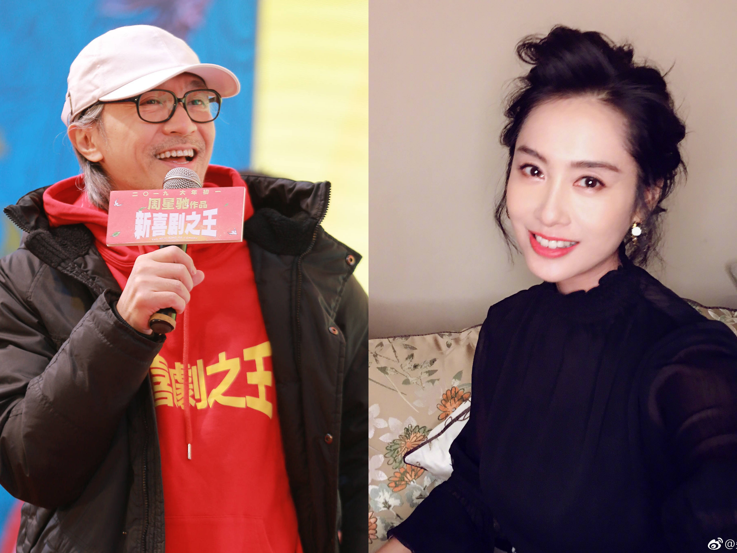 香港資深娛樂記者爆料，周星馳與朱茵分手真相是星爺想帶朱茵移民加拿大遭拒。（新喜劇之王微博/朱茵微博）