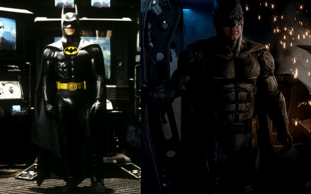 電影第一代蝙蝠俠麥可基頓（左）與上一代蝙蝠俠班艾佛列克（右），紛紛從退休行列中被找出來加入電影《閃電俠》的演出陣容。（Warner Bros. Entertainment提供）