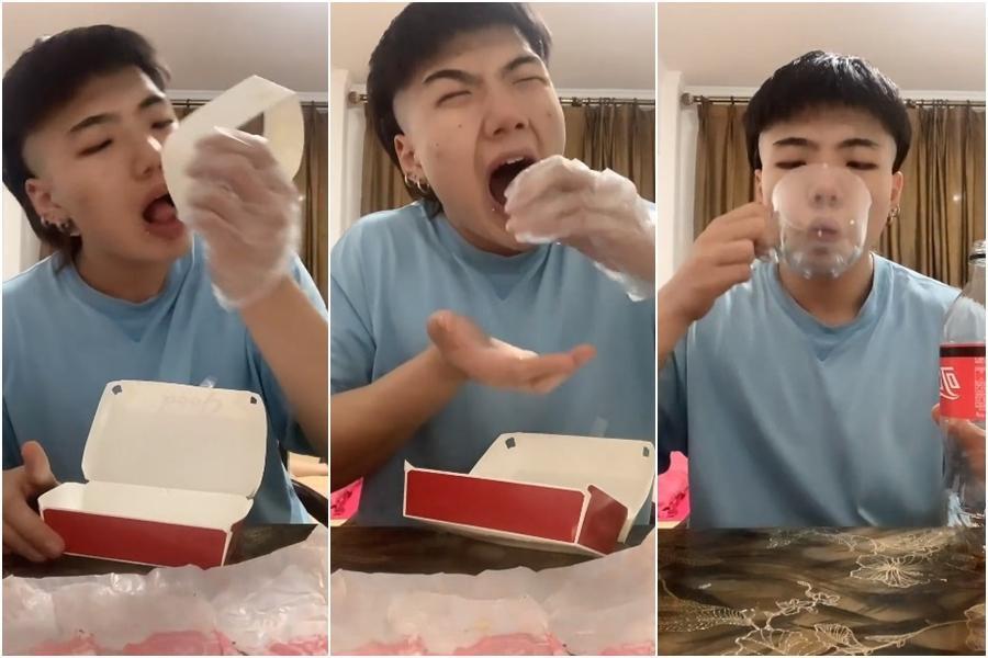 「無實物」吃播主生動的演技讓人看了目不轉睛,彷彿真的有看不見的食物被吃掉一樣。(翻攝自微博朋鸟朋乌)