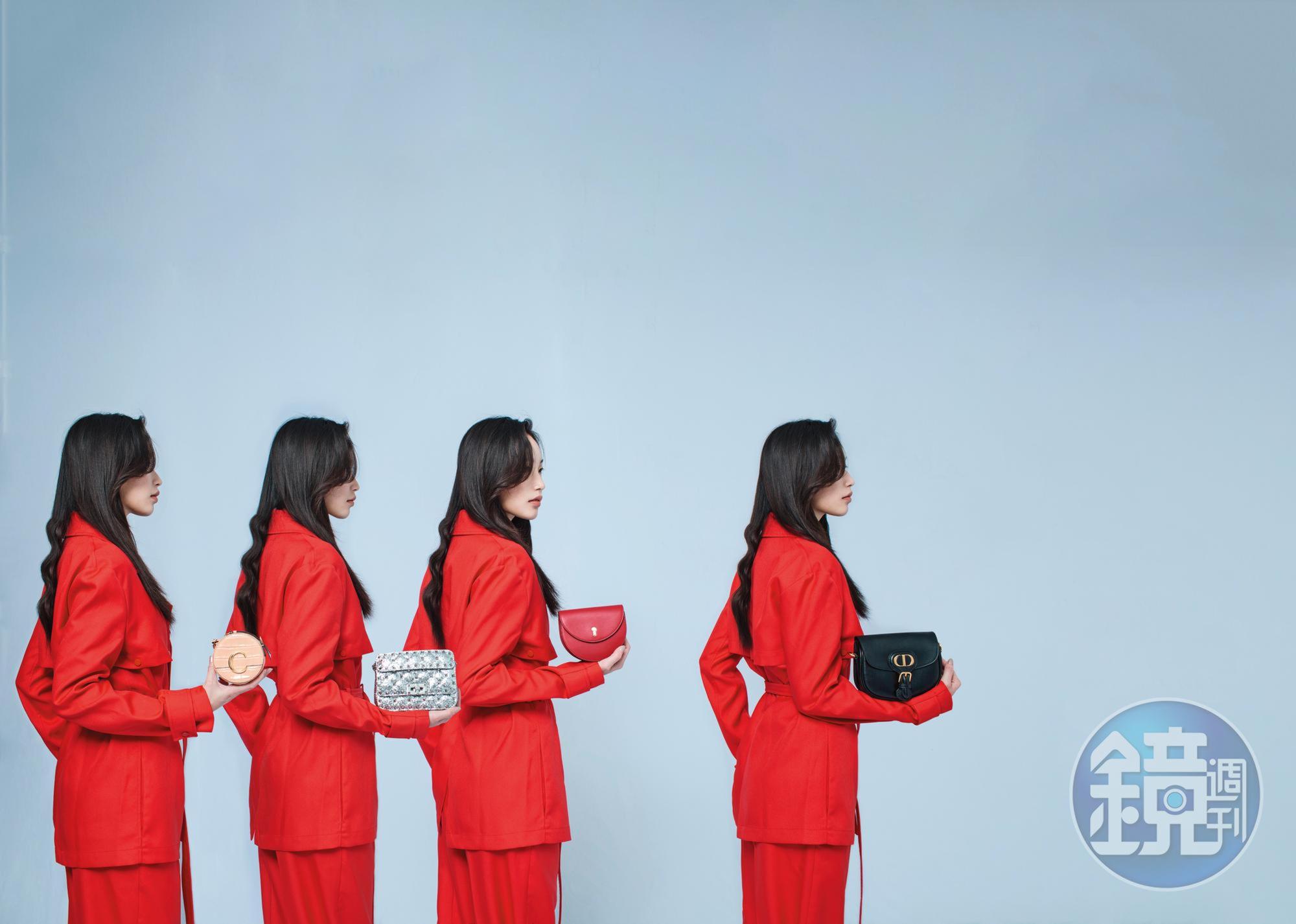 Bobby黑色光滑小牛皮小型肩背包 NT$99,000 by Dior／Cecyle紅色牛皮金色鎖匙迷你肩背包 NT$14,880 by BALLY／Rockstud Spike迷你鍊帶包 NT$65,500 by Valentino Garavani／Chloé C粉色圓形鱷魚皮壓紋小圓包 NT$17,000 by Chloé／紅色可拆式西裝外套 NT$52,100／紅色綁帶長褲 NT$34,900 All by BOTTEGA VENETA。
