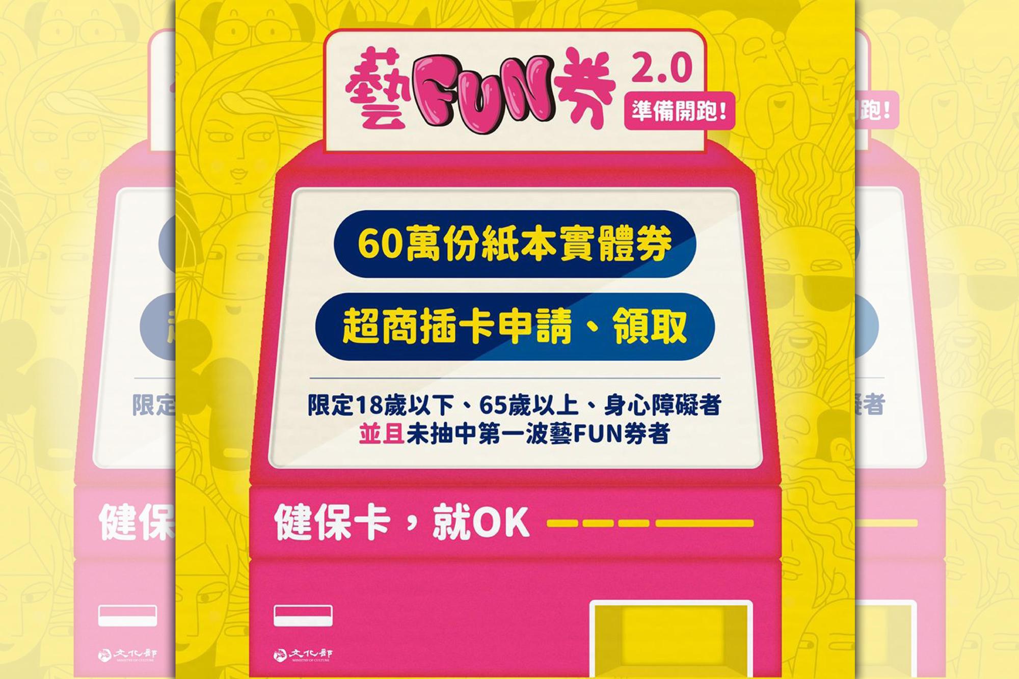 「藝FUN券2.0」上路只要是沒有抽到第1波「藝FUN券」,且符合身心障礙者、18歲以下、65歲以上其一條件的民眾,8月31日起可持健保卡到4大超商可註冊抽獎。(翻攝自文化部臉書)