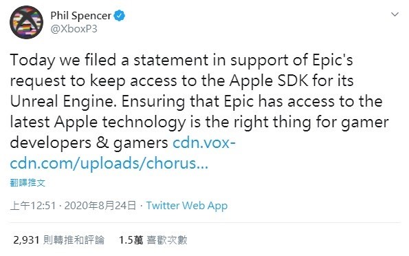 XBOX品牌負責人史賓塞在社群上表示對Epic的支持。(翻攝自@XboxP3 Twitter)