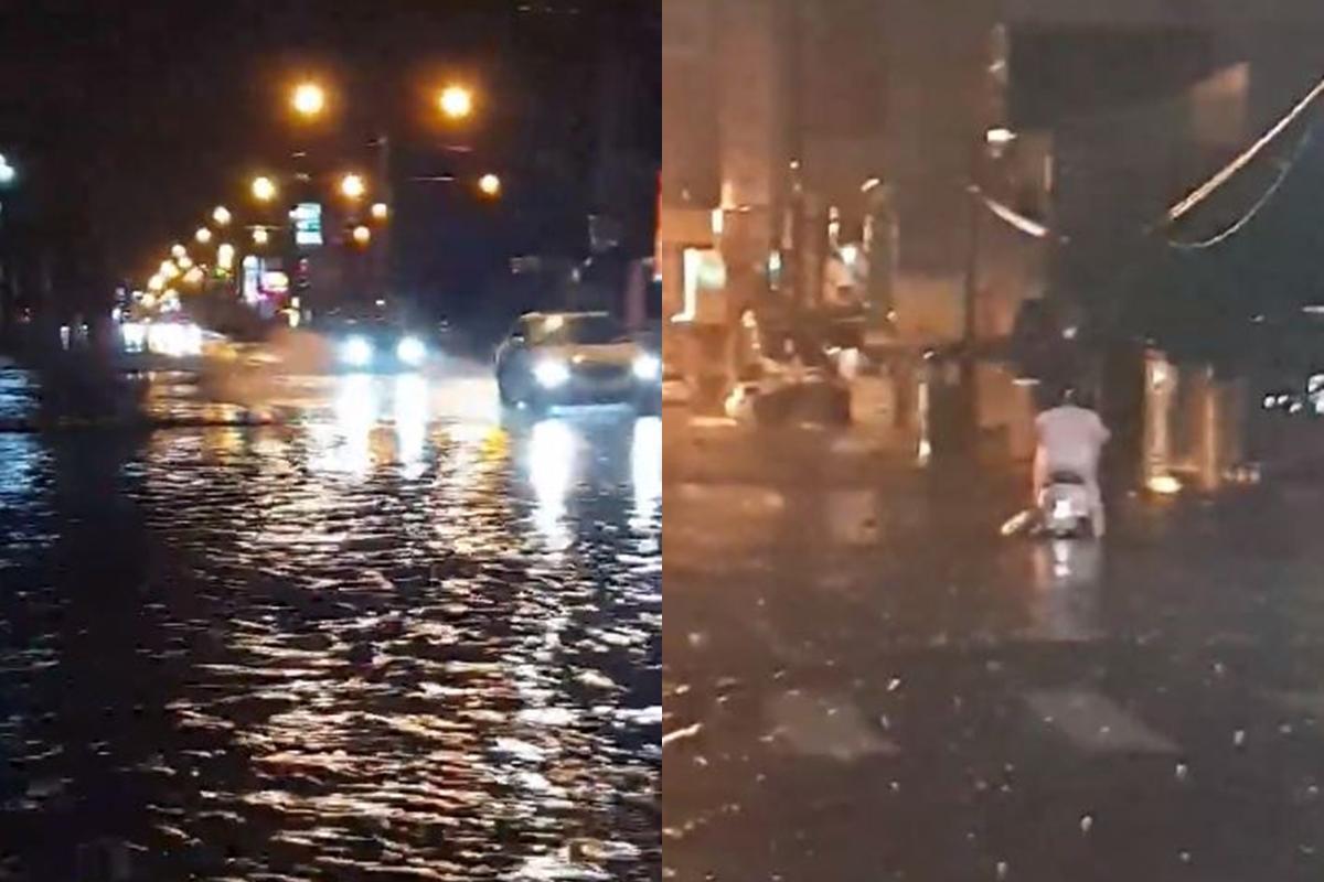 民眾拍下台南街頭淹大水的畫面,提醒大家外出注意安全。(翻攝自臉書社團「台南爆料公社」)