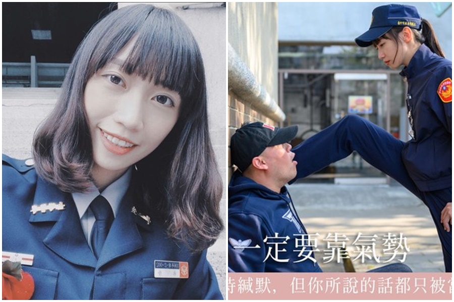 引起網友暴動的七夕告白文，正妹警察用「腿壁咚」霸氣照片，女主角終於出現。（台中市警察局提供）