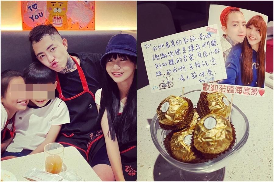 謝和弦和莉婭去吃海底撈慶祝情人節,店家送上卡片還把兩人合照列印出來引起爭議。(翻攝自謝和弦臉書)