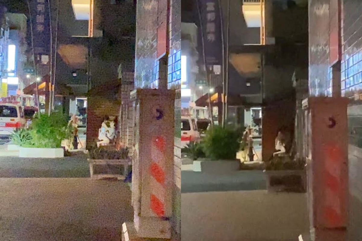 新竹市一對男女在警察局前「上下抽動」。（翻攝自臉書社團「新竹爆料公社）